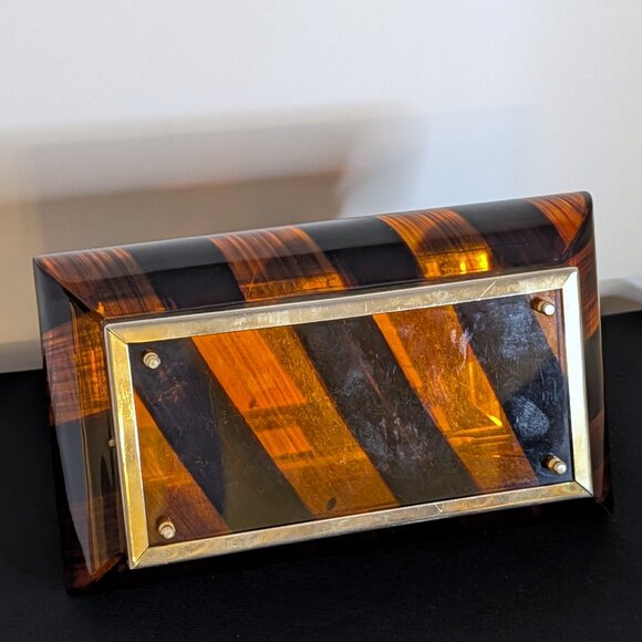 Wow TYROLEAN Amber & Black Lucite and Brass Purse from the 1950s, w/ Mirror - Picture 3 of 10